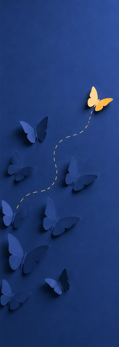 Blue paper butterflies following a dotted path up to one golden butterfly