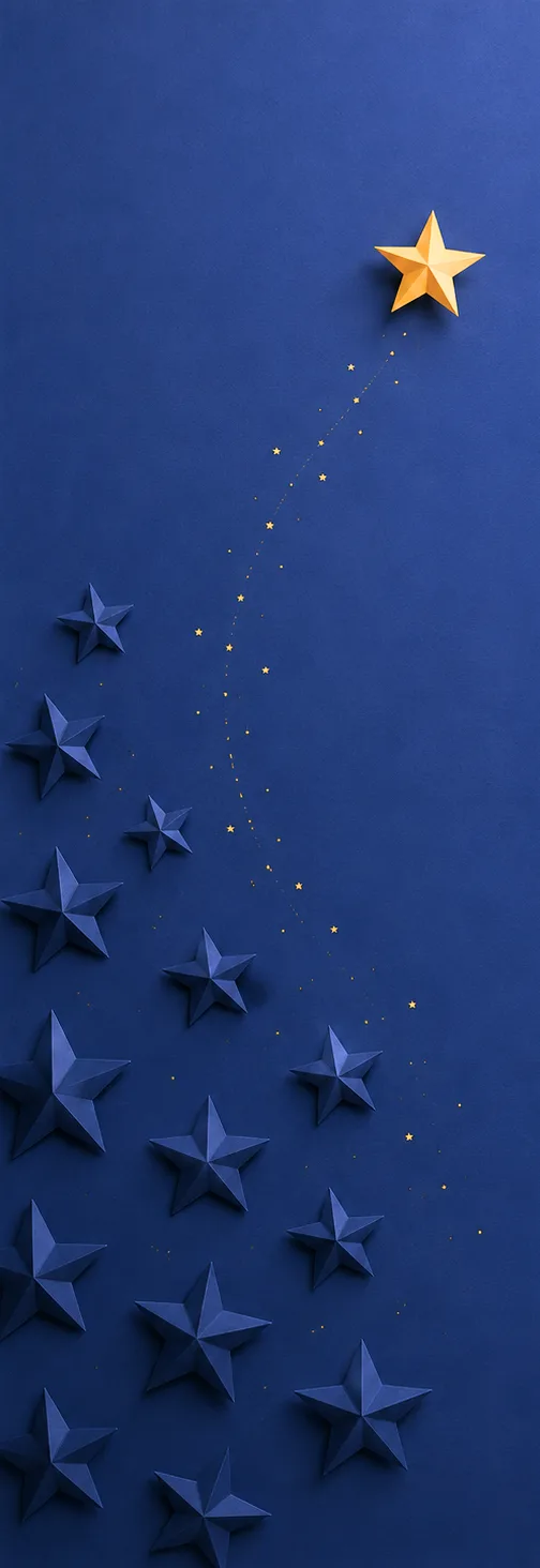 Paper stars on a deep blue background, with one golden star shining above them