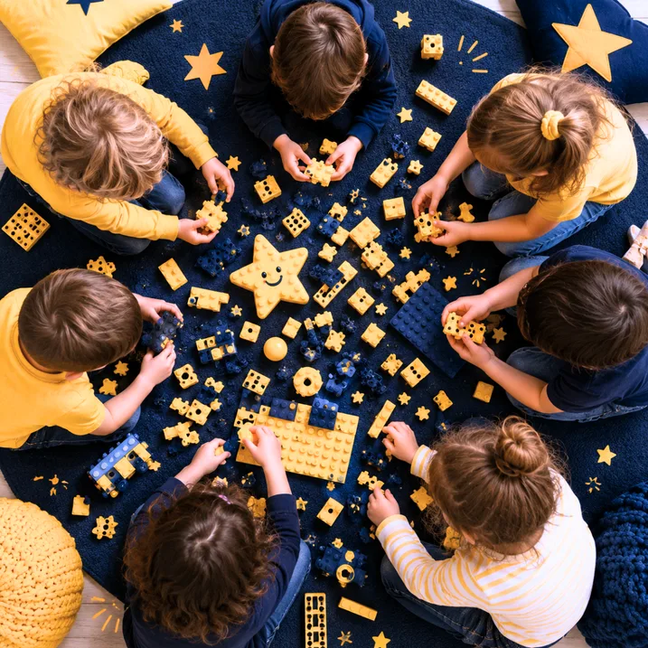 Children sitting in a circle building with yellow and blue blocks